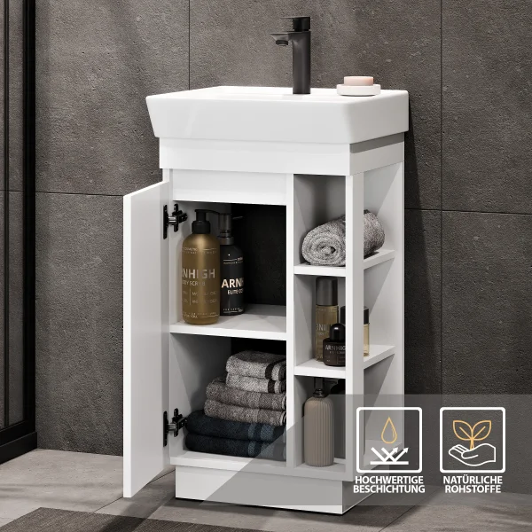 Badmöbel Set NYX Waschtisch 45 cm Matt Weiß mit Spiegelschrank und Armatur schwarz