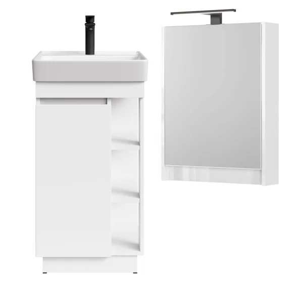 Badmöbel Set NYX Waschtisch 45 cm Matt Weiß mit Spiegelschrank und Armatur schwarz