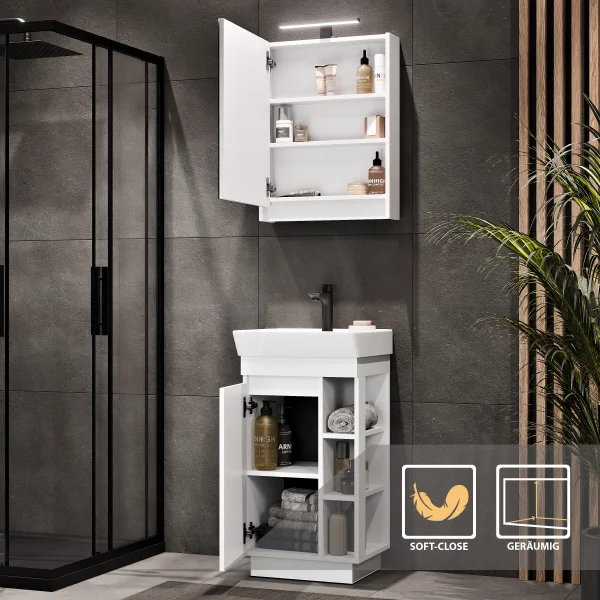 Ensemble de meubles de salle de bains Nyx : lavabo de 45 cm, blanc mat, avec armoire de toilette