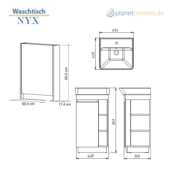 Ensemble de meubles de salle de bains Nyx : lavabo de 45 cm, blanc mat, avec armoire de toilette