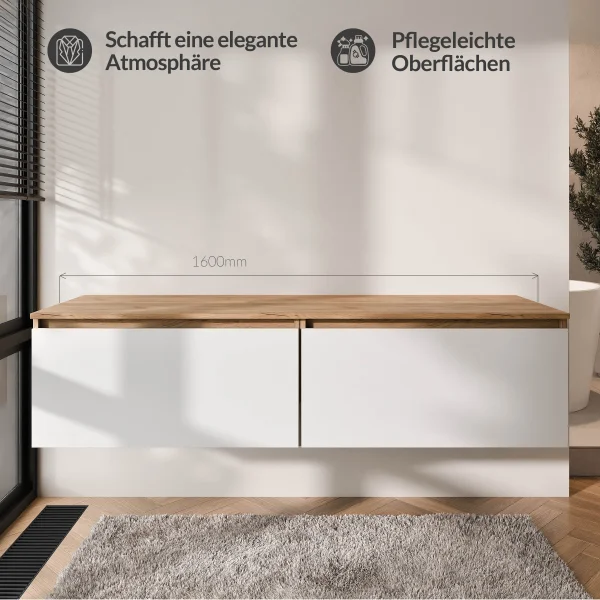 Mueble bajo para lavabo doble ARISA de 160 cm, roble dorado / blanco