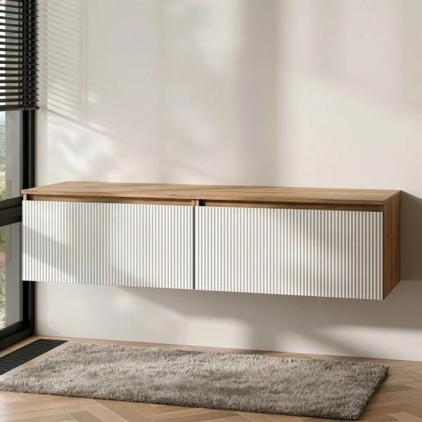 Meuble sous-vasque double ARISA 160 cm, chêne doré / blanc strié