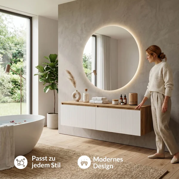 Meuble sous-vasque double ARISA 160 cm, chêne doré / blanc strié
