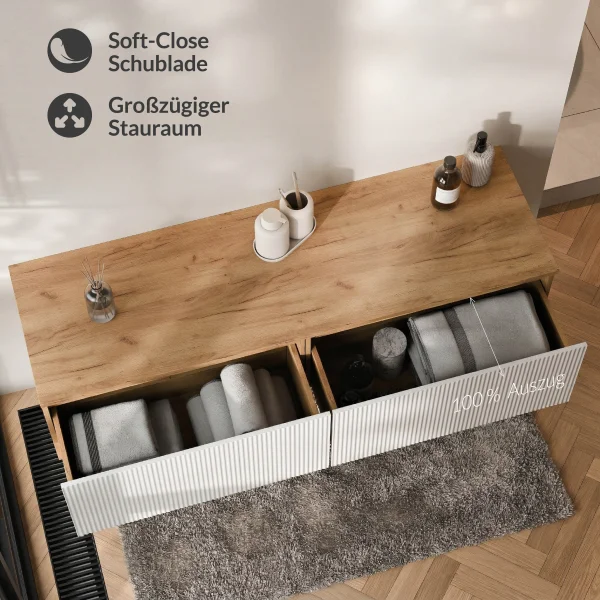 Meuble sous-vasque double ARISA 160 cm, chêne doré / blanc strié