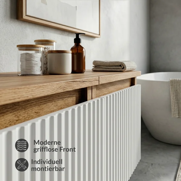 Meuble sous-vasque double ARISA 160 cm, chêne doré / blanc strié