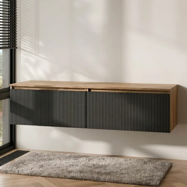 Meuble sous-vasque double ARISA 160 cm, chêne doré / noir strié