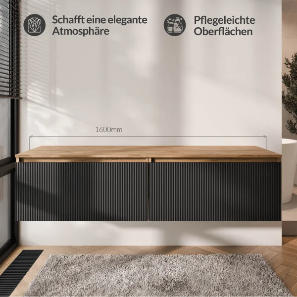 Meuble sous-vasque double ARISA 160 cm, chêne doré / noir strié