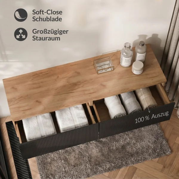 Meuble sous-vasque double ARISA 160 cm, chêne doré / noir strié