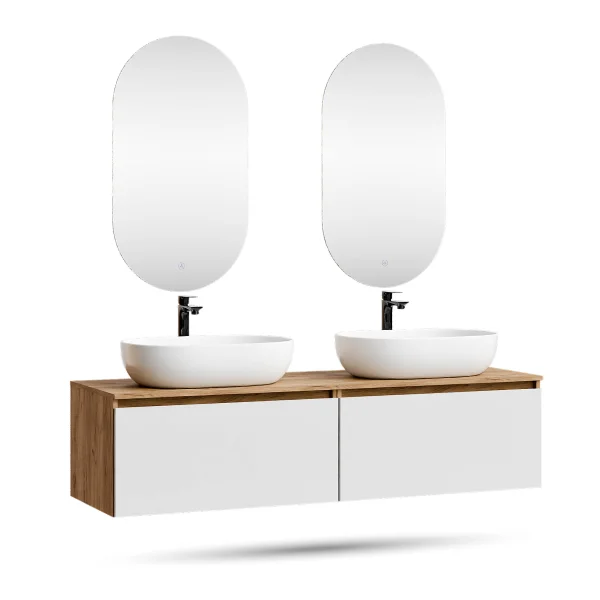 Mueble de lavabo doble ARISA de 160 cm con 2 espejos LED y 2 lavabos sobre encimera de cerámica