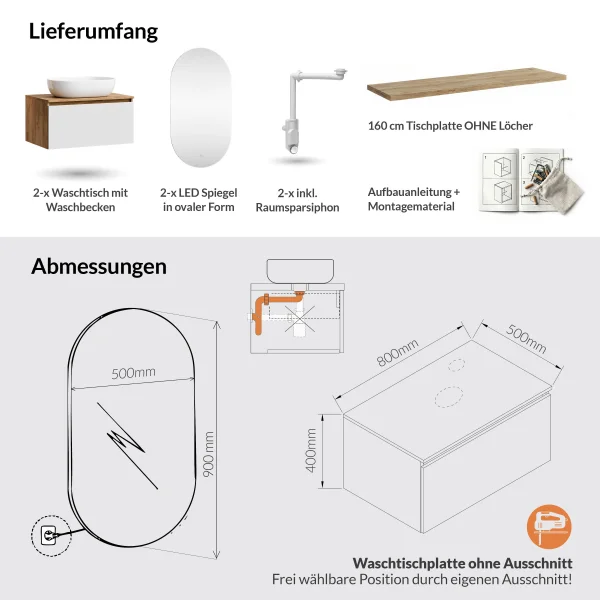 Mueble de lavabo doble ARISA de 160 cm con 2 espejos LED y 2 lavabos sobre encimera de cerámica