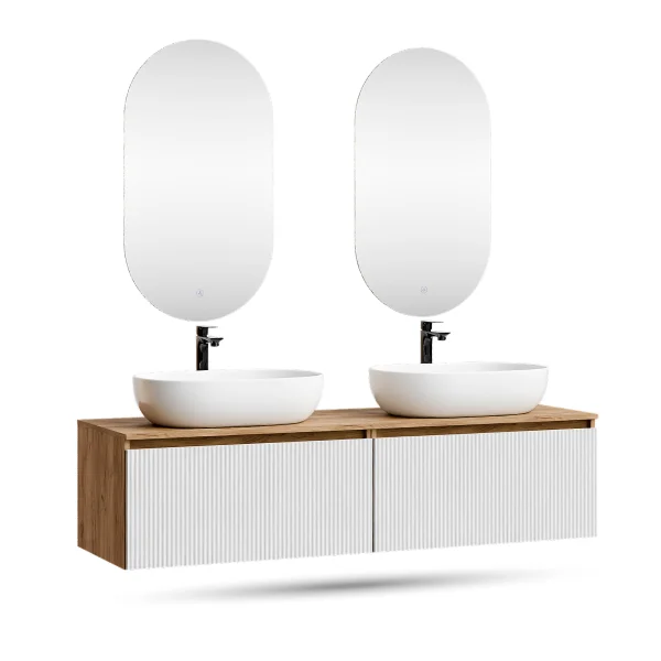 ARISA Double Vanity Unit, 160 cm, in White Ribbed, with 2 LED Mirrors and 2 White Ceramic Countertop Sinks, 60 cm