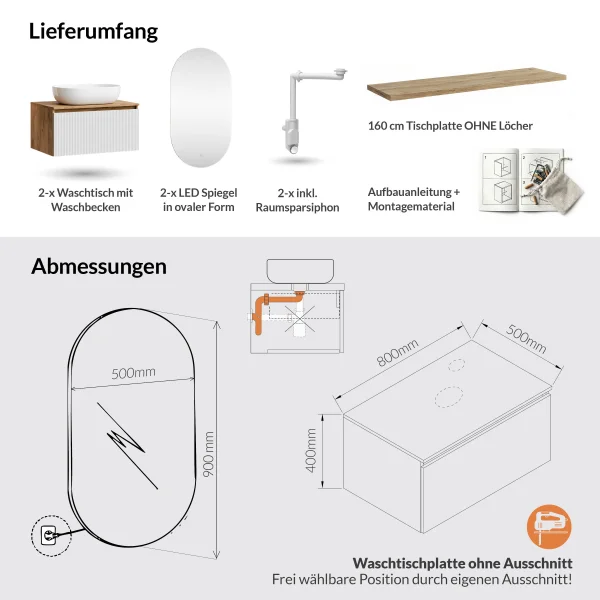 ARISA Double Vanity Unit, 160 cm, in White Ribbed, with 2 LED Mirrors and 2 White Ceramic Countertop Sinks, 60 cm