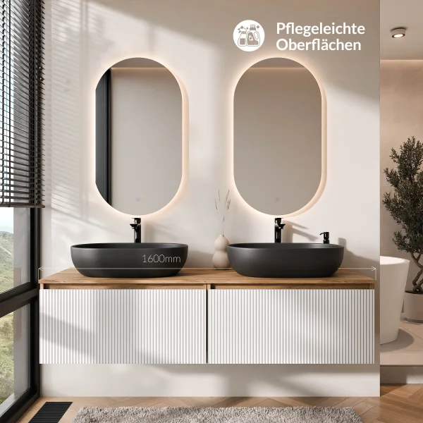 ARISA Double Vanity Unit, 160 cm, in White Ribbed, with 2 LED Mirrors and 2 Black Ceramic Countertop Sinks, 60 cm