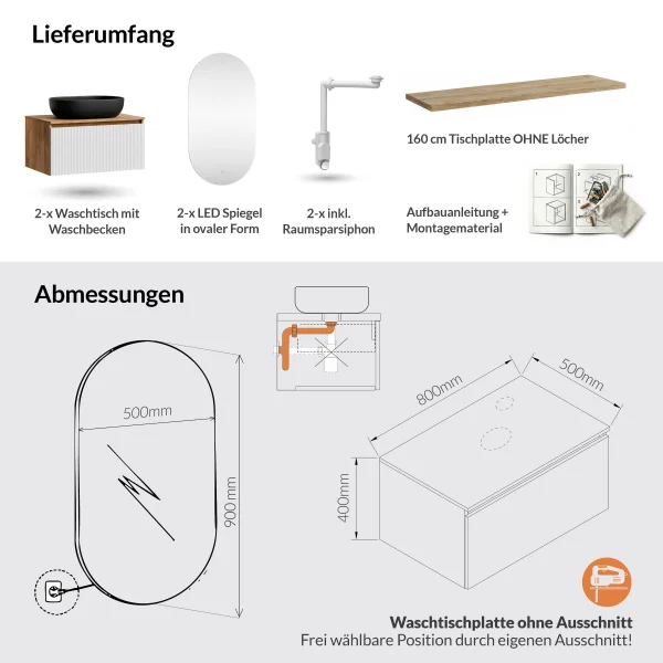 ARISA Double Vanity Unit, 160 cm, in White Ribbed, with 2 LED Mirrors and 2 Black Ceramic Countertop Sinks, 60 cm