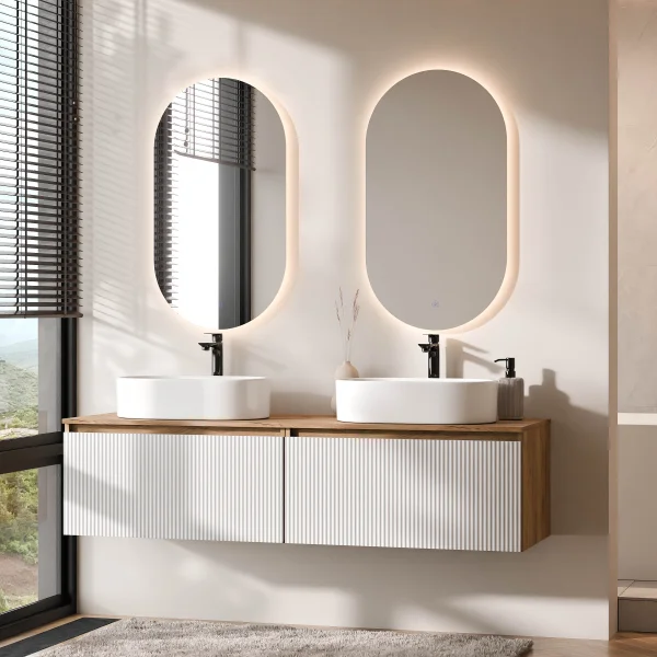 ARISA Double Vanity Unit, 160 cm, in White Ribbed, with 2 LED Mirrors and 2 White Ceramic Countertop Sinks, 55 cm