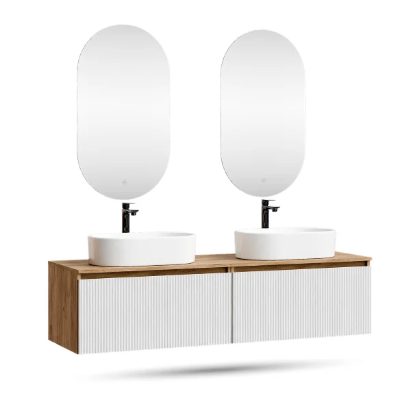 ARISA Double Vanity Unit, 160 cm, in White Ribbed, with 2 LED Mirrors and 2 White Ceramic Countertop Sinks, 55 cm