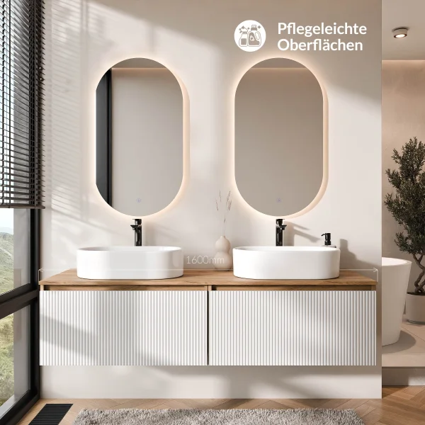 ARISA Double Vanity Unit, 160 cm, in White Ribbed, with 2 LED Mirrors and 2 White Ceramic Countertop Sinks, 55 cm