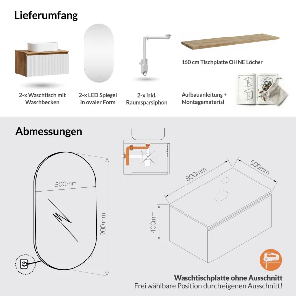 ARISA Double Vanity Unit, 160 cm, in White Ribbed, with 2 LED Mirrors and 2 White Ceramic Countertop Sinks, 55 cm