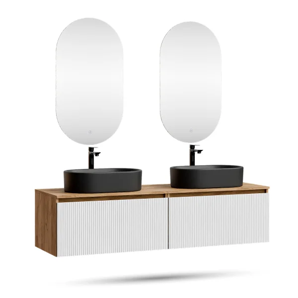 ARISA Double Vanity Unit, 160 cm, in White Ribbed, with 2 LED Mirrors and 2 Black Ceramic Countertop Sinks, 55 cm