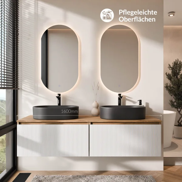 ARISA Double Vanity Unit, 160 cm, in White Ribbed, with 2 LED Mirrors and 2 Black Ceramic Countertop Sinks, 55 cm