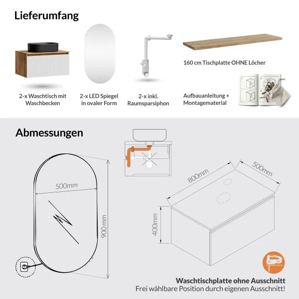 ARISA Double Vanity Unit, 160 cm, in White Ribbed, with 2 LED Mirrors and 2 Black Ceramic Countertop Sinks, 55 cm