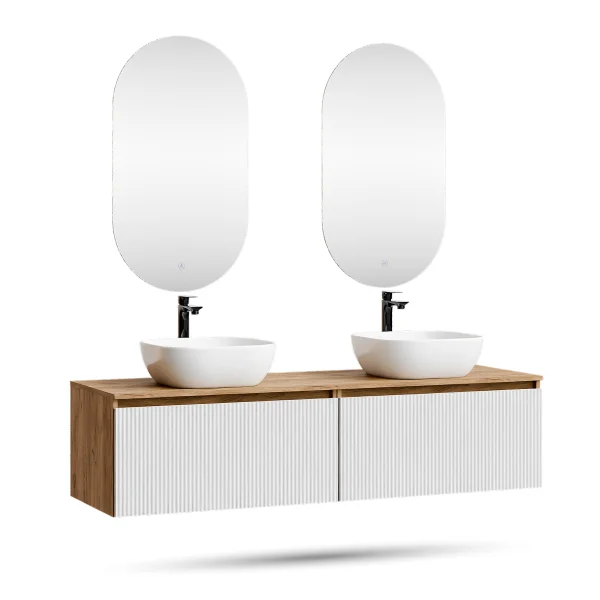 ARISA Double Vanity Unit, 160 cm, in White Ribbed, with 2 LED Mirrors and 2 White Ceramic Countertop Sinks (42 cm)