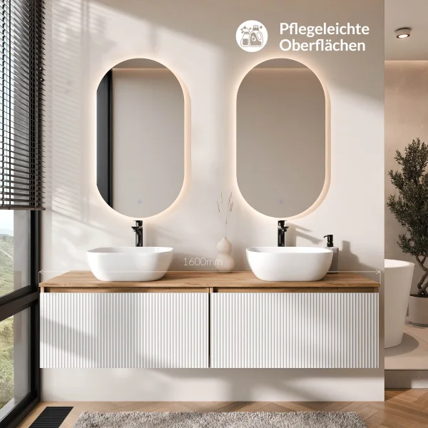 ARISA Double Vanity Unit, 160 cm, in White Ribbed, with 2 LED Mirrors and 2 White Ceramic Countertop Sinks (42 cm)
