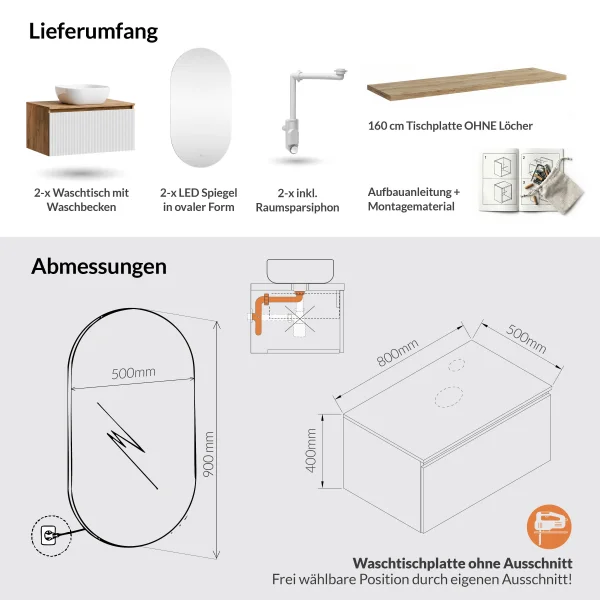ARISA Double Vanity Unit, 160 cm, in White Ribbed, with 2 LED Mirrors and 2 White Ceramic Countertop Sinks (42 cm)