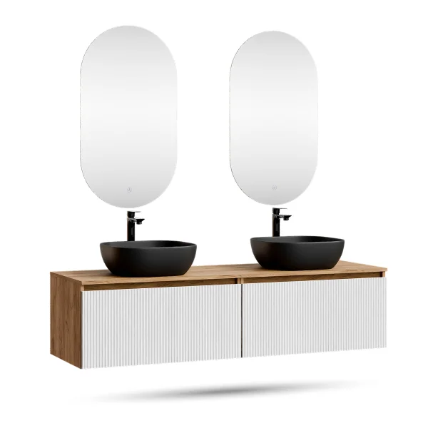 ARISA Double Vanity Unit, 160 cm, in White Ribbed, with 2 LED Mirrors and 2 Black Ceramic Countertop Sinks (42 cm)