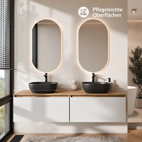 ARISA Double Vanity Unit, 160 cm, in White Ribbed, with 2 LED Mirrors and 2 Black Ceramic Countertop Sinks (42 cm)