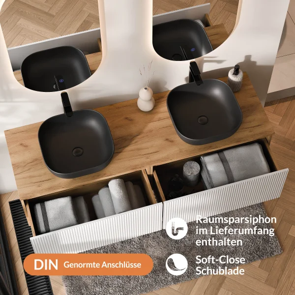 ARISA Double Vanity Unit, 160 cm, in White Ribbed, with 2 LED Mirrors and 2 Black Ceramic Countertop Sinks (42 cm)