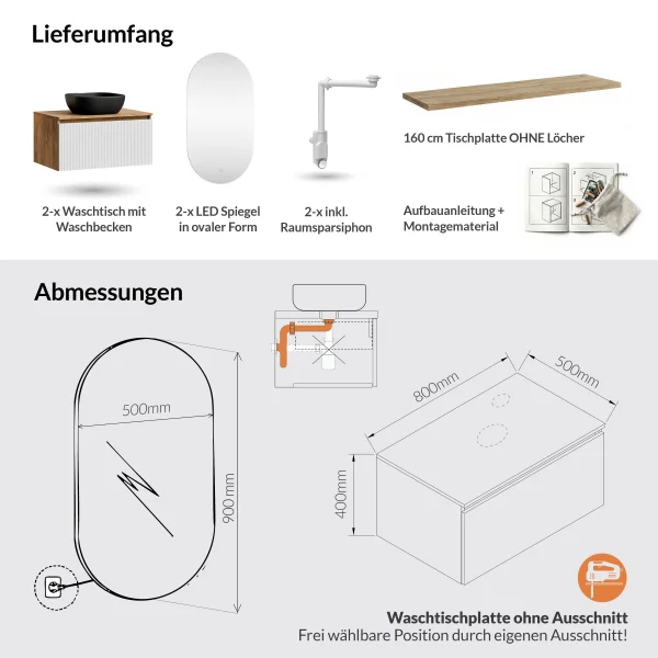 ARISA Double Vanity Unit, 160 cm, in White Ribbed, with 2 LED Mirrors and 2 Black Ceramic Countertop Sinks (42 cm)