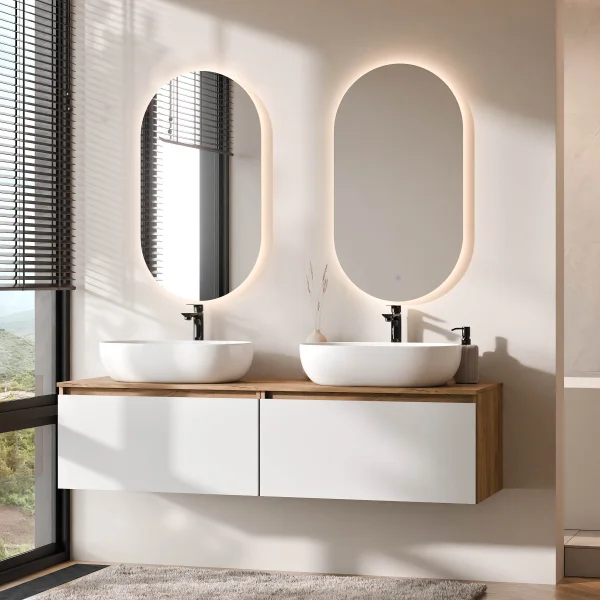 ARISA Double Vanity Unit, 160 cm, in White, with 2 LED Mirrors and 2 White Ceramic Countertop Sinks, 60 cm