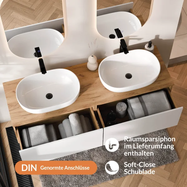 ARISA Double Vanity Unit, 160 cm, in White, with 2 LED Mirrors and 2 White Ceramic Countertop Sinks, 60 cm
