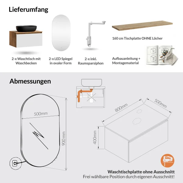 ARISA Doppelwaschtisch 160 cm in Weiß mit 2 LED Spiegel und 2 schwarzen Keramik-Aufsatzwaschbecken 60 cm