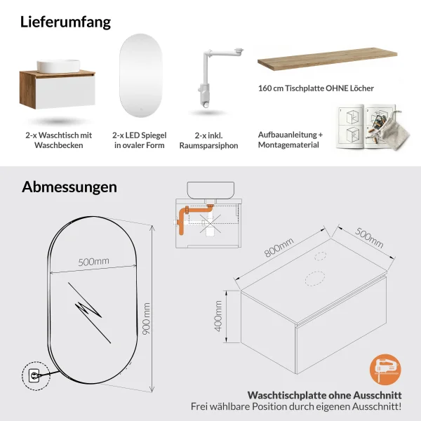 ARISA Doppelwaschtisch 160 cm in Weiß mit 2 LED Spiegel und 2 weißen Keramik-Aufsatzwaschbecken 55 cm