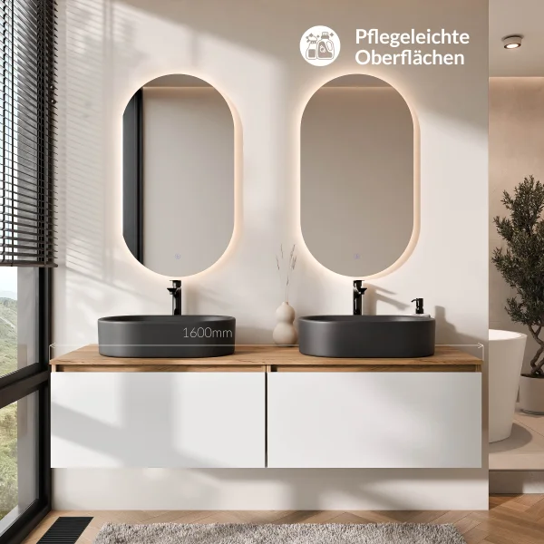 ARISA Double Vanity Unit, 160 cm, in White, with 2 LED Mirrors and 2 Black Ceramic Countertop Sinks, 55 cm