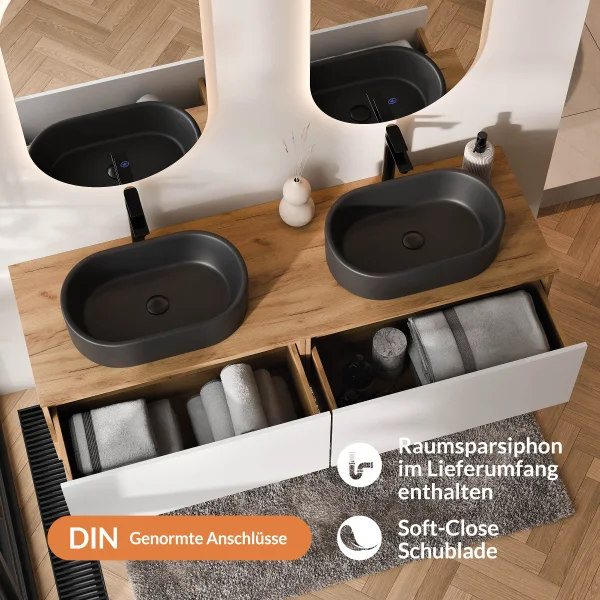 ARISA Double Vanity Unit, 160 cm, in White, with 2 LED Mirrors and 2 Black Ceramic Countertop Sinks, 55 cm
