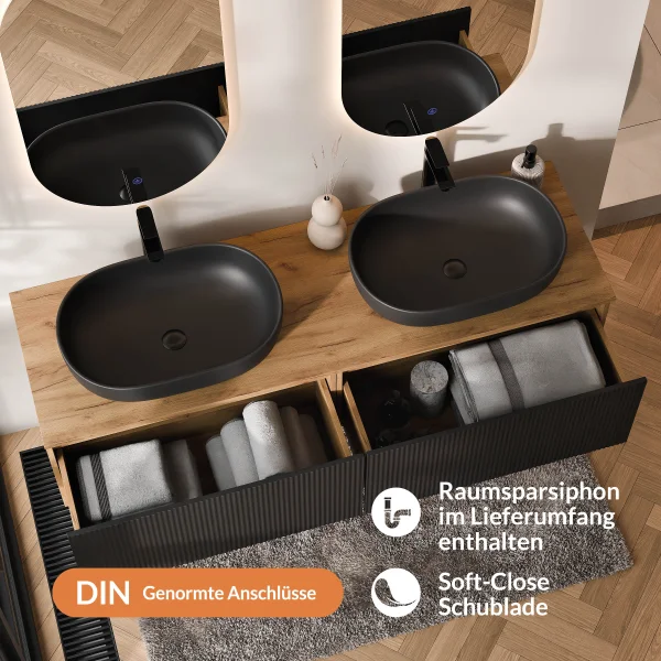 Meuble-lavabo double ARISA 160 cm, noir strié, avec 2 miroirs à LED et 2 vasques en céramique noires de 60 cm
