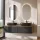 Meuble-lavabo double ARISA 160 cm, noir strié, avec 2 miroirs à LED et 2 vasques en céramique noires de 60 cm