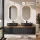 Meuble-lavabo double ARISA 160 cm, noir strié, avec 2 miroirs à LED et 2 vasques en céramique noires de 60 cm