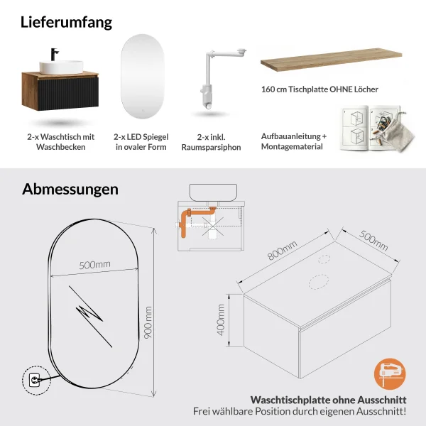 ARISA Doppelwaschtisch 160 cm in Schwarz Geriffelt mit 2 LED Spiegel und 2 weißen Keramik-Aufsatzwaschbecken 55 cm