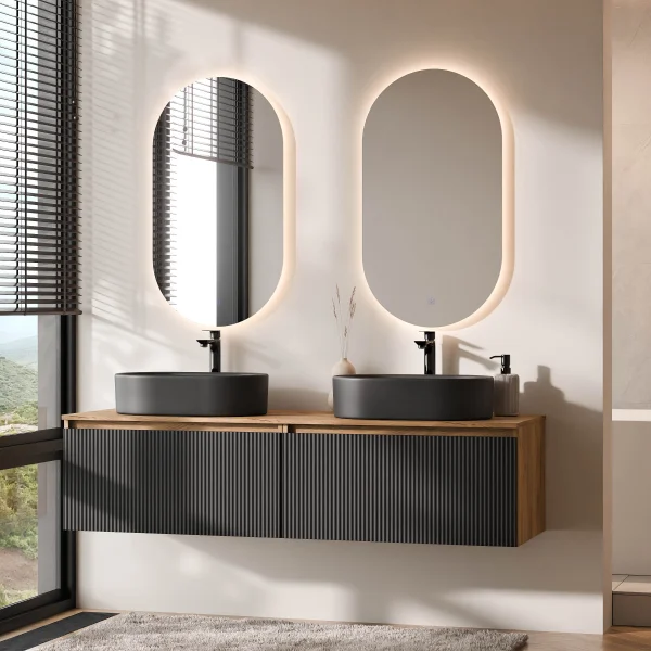 Meuble-lavabo double ARISA 160 cm, noir strié, avec 2 miroirs à LED et 2 vasques en céramique noires de 55 cm