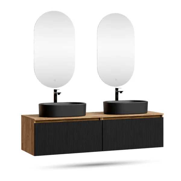 Meuble-lavabo double ARISA 160 cm, noir strié, avec 2 miroirs à LED et 2 vasques en céramique noires de 55 cm