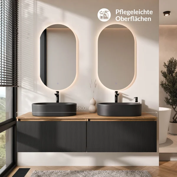 Meuble-lavabo double ARISA 160 cm, noir strié, avec 2 miroirs à LED et 2 vasques en céramique noires de 55 cm