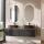 Meuble-lavabo double ARISA 160 cm, noir strié, avec 2 miroirs à LED et 2 vasques en céramique noires de 55 cm