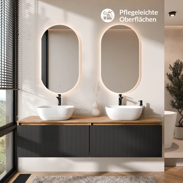 Meuble-lavabo double ARISA 160 cm, noir strié, avec 2 miroirs à LED et 2 vasques en céramique blanche de 42 cm