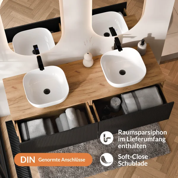 Meuble-lavabo double ARISA 160 cm, noir strié, avec 2 miroirs à LED et 2 vasques en céramique blanche de 42 cm