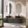 Meuble-lavabo double ARISA 160 cm, noir strié, avec 2 miroirs à LED et 2 vasques en céramique noires de 42 cm