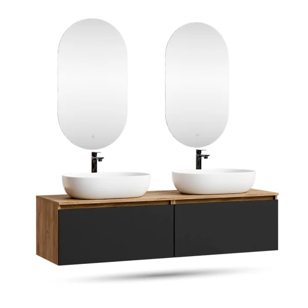 Meuble-lavabo double ARISA 160 cm, noir, avec 2 miroirs à LED et 2 vasques en céramique blanches de 60 cm